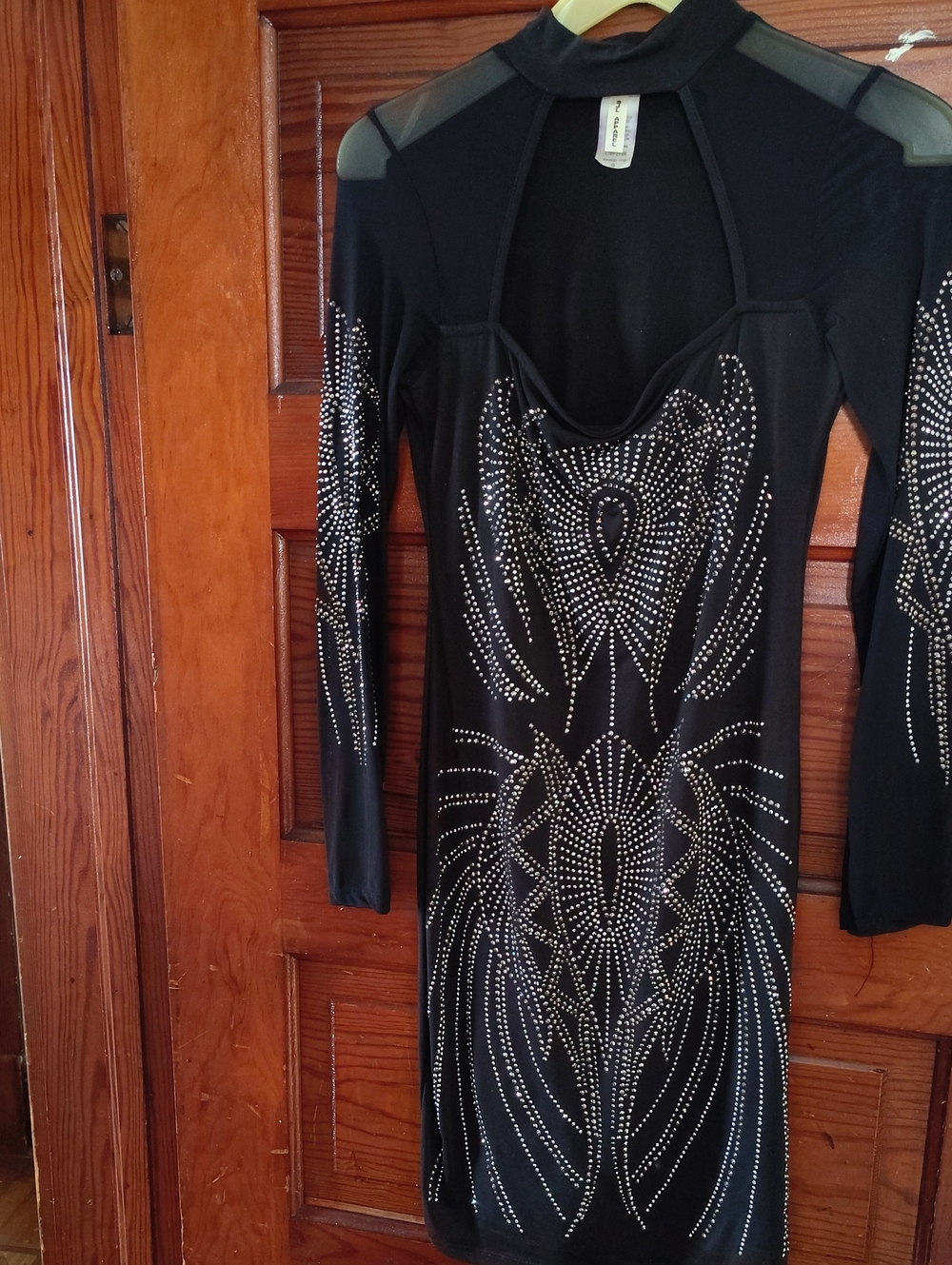 R&M Richards Black Long Sleeve Rhinestone Embellished Bodycon Dress
